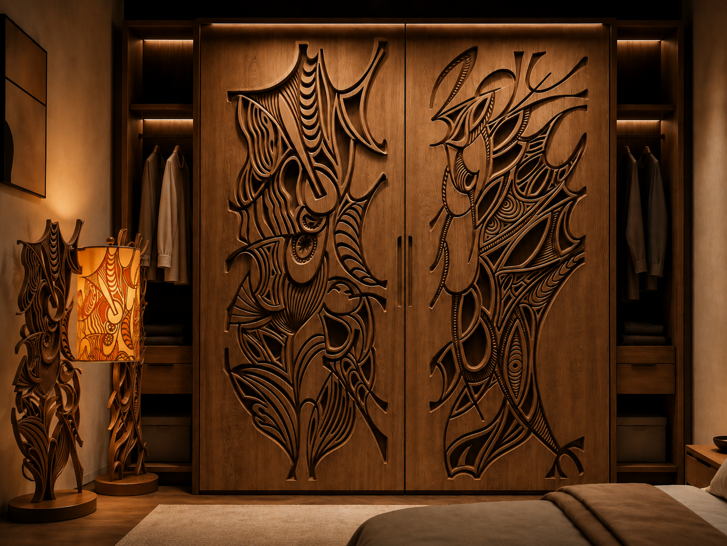 Ensemble A. Ziani en bois sculpté intégré dans un intérieur contemporain